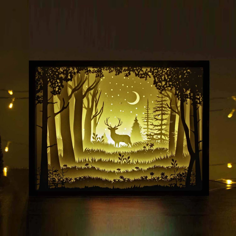 Papercut Light Boxes - The Deer in The Deep Forest At Night