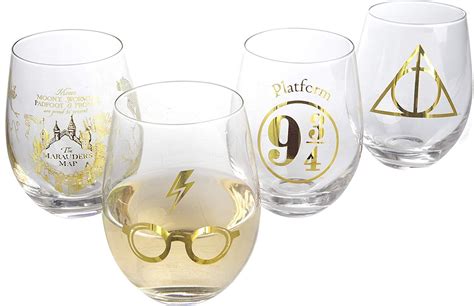 Harry Potter 17oz Stemless Wine Glasses | Set of 4 | Gold Symbols